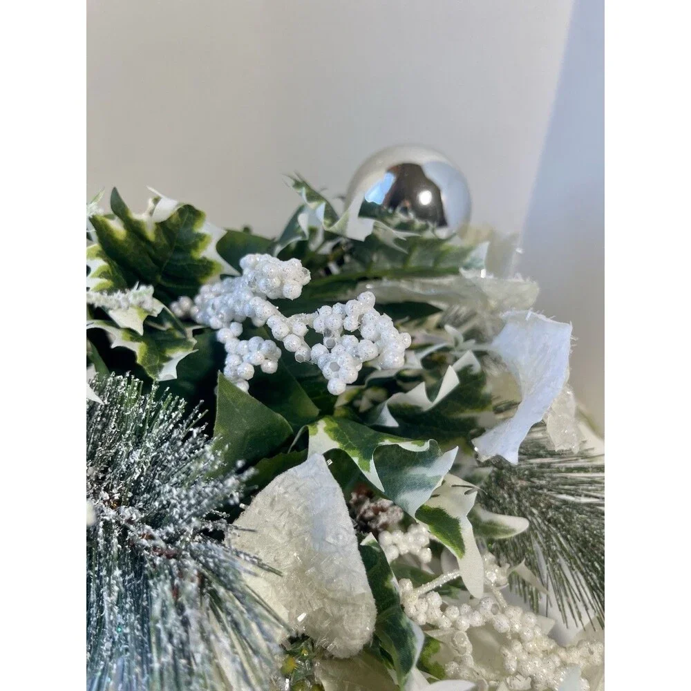 Lot of 3 White Artificial Poinsettias, Snowy pine and Sliver Ornaments